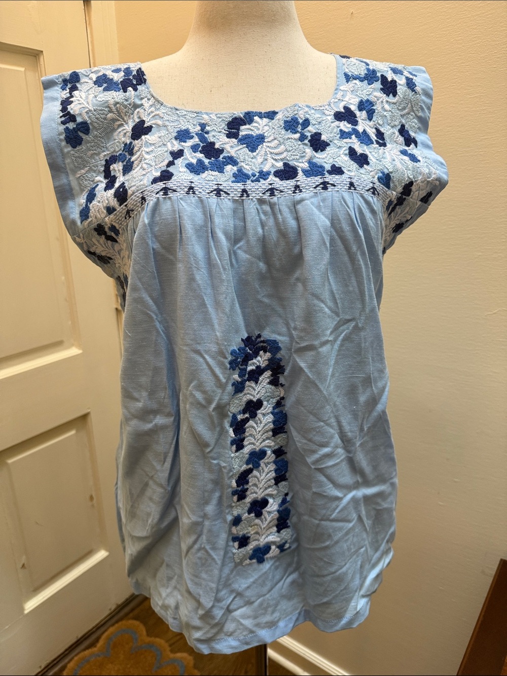 Light Blue Embroidered Sleeveless Tunic Top with Navy Accent
